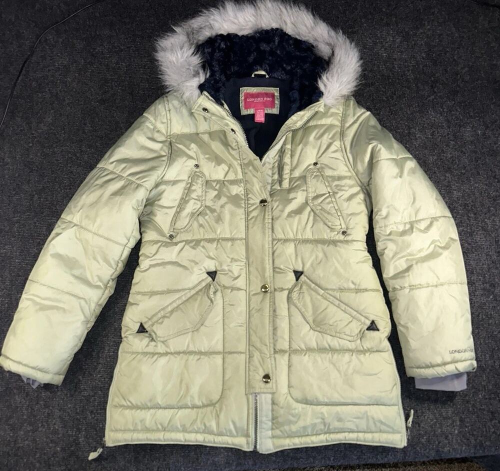 London Fog Girls Puffer Jacket Large 14/16 Green Sage Faux Fur Hood Winter Coat